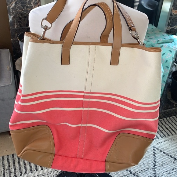 BNWOT Hadley Variegated Striped Duffle Coral Canvas Leather Bag by COACH - Picture 7 of 15